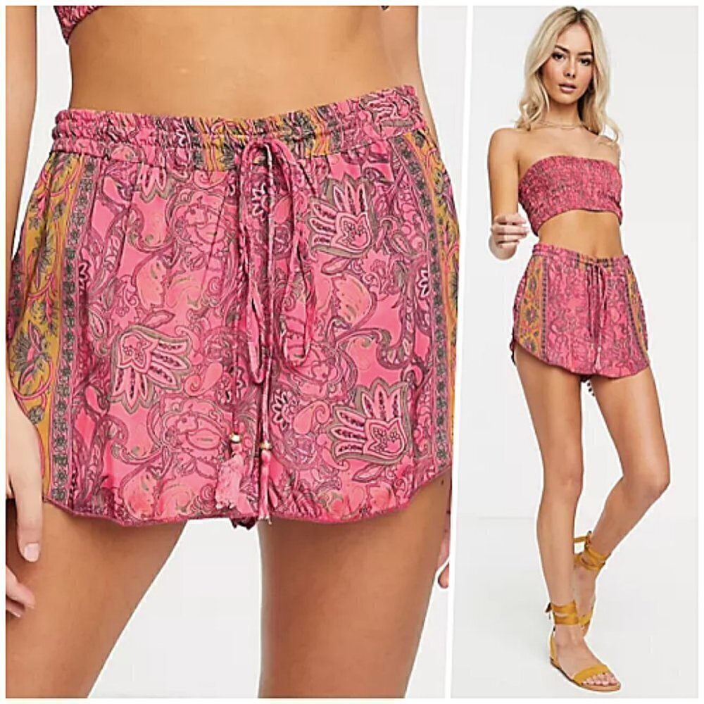 Raga Pink Paisley Print Silky Shorts Small